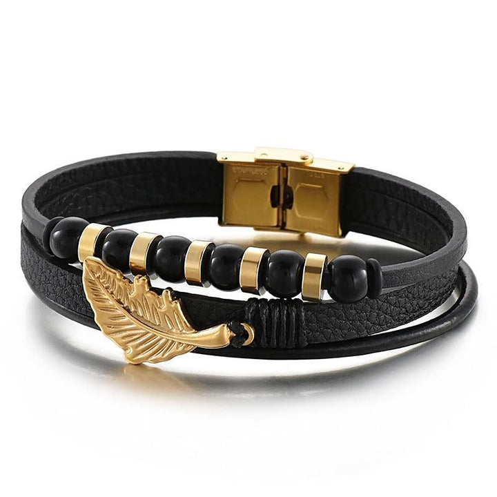 Kalen Multi Layer Leather Stainless Steel Feather Bracelet For Men - kalen