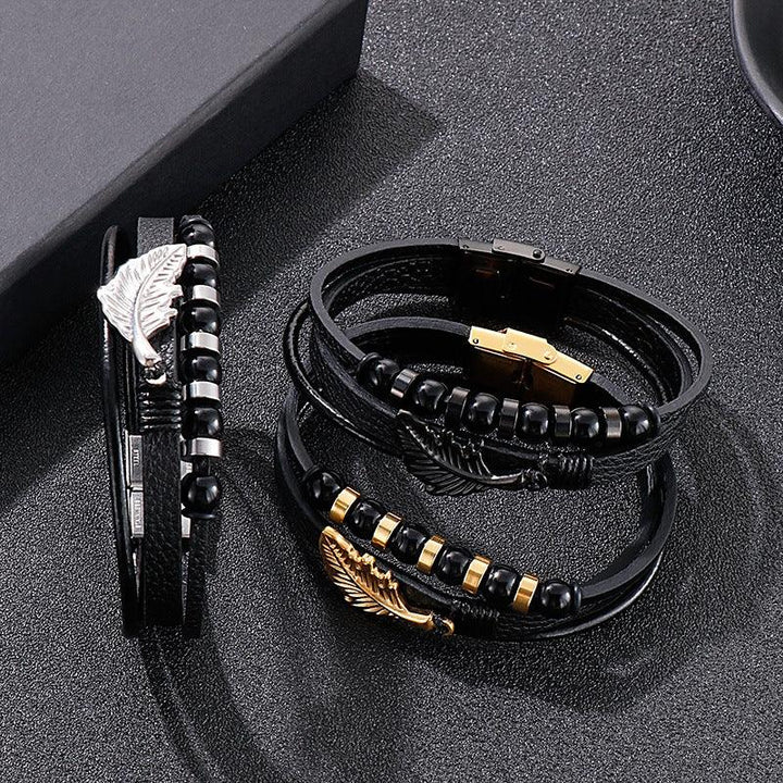 Kalen Multi Layer Leather Stainless Steel Feather Bracelet For Men - kalen