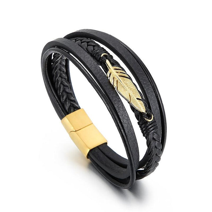 Kalen Multi Layer Leather Stainless Steel Feather Bracelet For Men - kalen