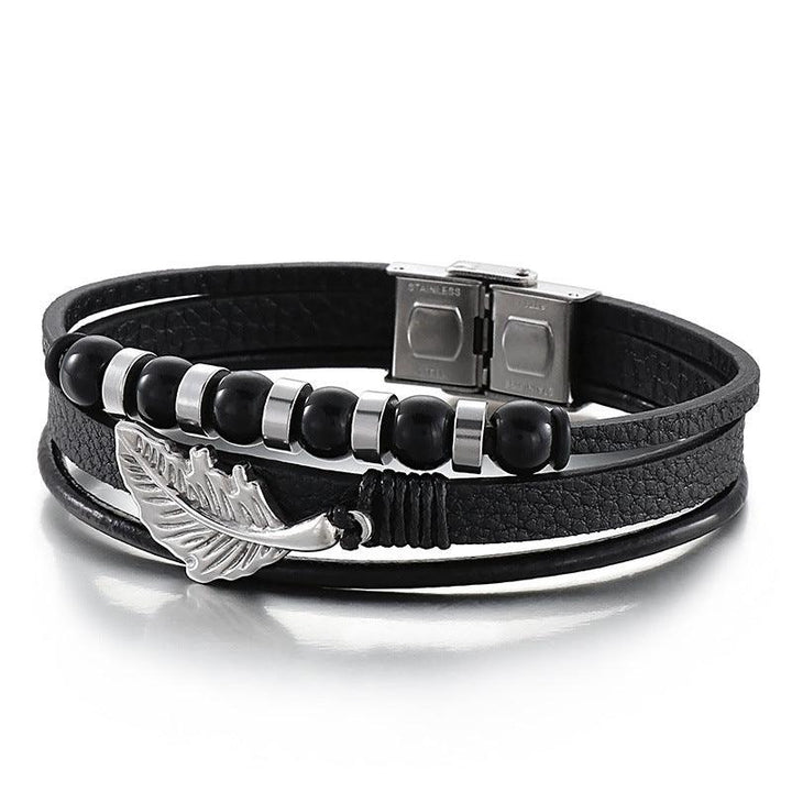 Kalen Multi Layer Leather Stainless Steel Feather Bracelet For Men - kalen