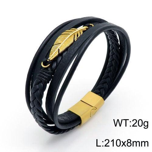 Kalen Multi Layer Leather Stainless Steel Feather Bracelet For Men - kalen