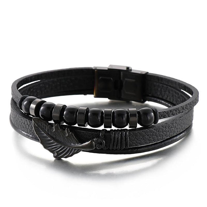 Kalen Multi Layer Leather Stainless Steel Feather Bracelet For Men - kalen