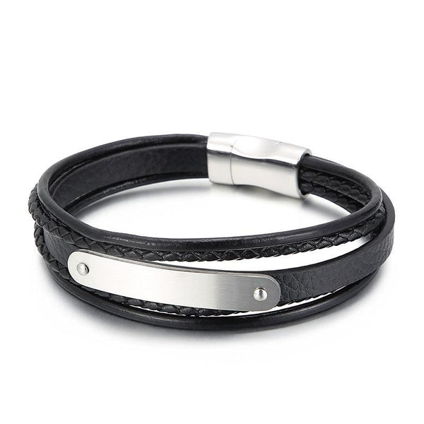 Kalen Multi Layer Leather Stainless Steel ID Bracelet For Men - kalen