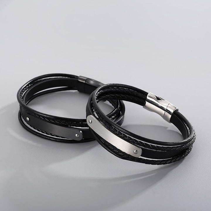 Kalen Multi Layer Leather Stainless Steel ID Bracelet For Men - kalen