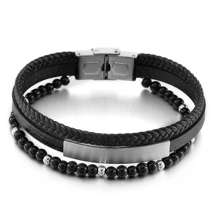 Kalen Multi Layer Leather Stainless Steel ID Bracelet For Men - kalen