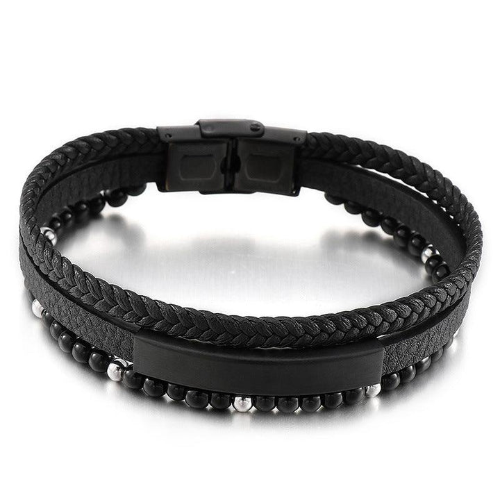 Kalen Multi Layer Leather Stainless Steel ID Bracelet For Men - kalen