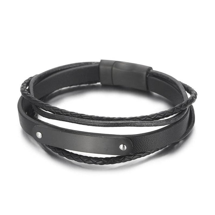 Kalen Multi Layer Leather Stainless Steel ID Bracelet For Men - kalen