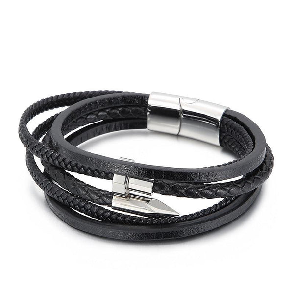 Kalen Multi Layer Leather Stainless Steel Nail Bracelet For Men - kalen