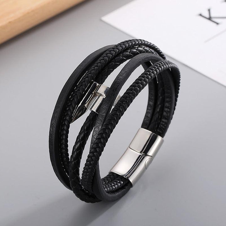 Kalen Multi Layer Leather Stainless Steel Nail Bracelet For Men - kalen