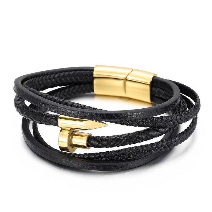 Kalen Multi Layer Leather Stainless Steel Nail Bracelet For Men - kalen