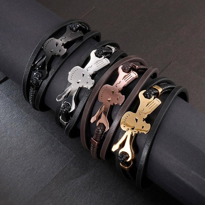 Kalen Multi Layer Leather Stainless Steel Skull Charm Bracelet For Men - kalen