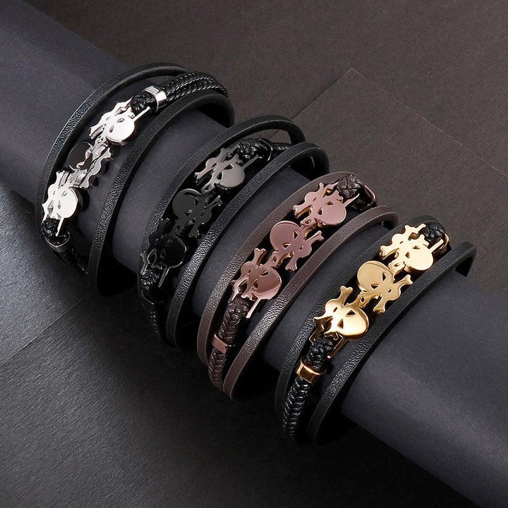 Kalen Multi Layer Leather Stainless Steel Skull Charm Bracelet For Men - kalen