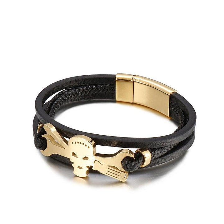 Kalen Multi Layer Leather Stainless Steel Skull Charm Bracelet For Men - kalen