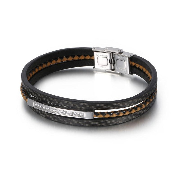 Kalen Multi Layer Leather Stainless Steel Zircon Bracelet For Men - kalen