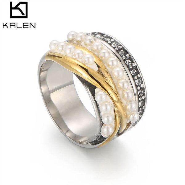 KALEN Multilayer Vintage Party Ring Stainless Steel With Pearls Paved Setting Rings Zircon Ring For Women Mixed Color Jewelry.