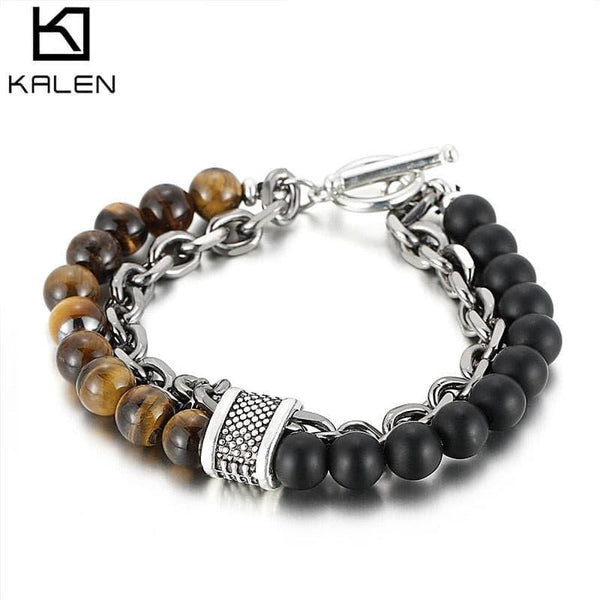 KALEN Natural Stone Men's Beaded Bracelet Tiger Eye Stainless Steel Jewelry.