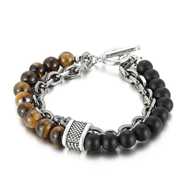 KALEN Natural Stone Men's Beaded Bracelet Tiger Eye Stainless Steel Jewelry.