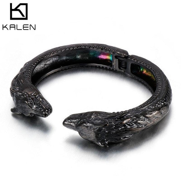 Kalen New Black Wolf Head Animal Cuff Bangles Men's Stainless Steel Bracelet Punk Jewelry.
