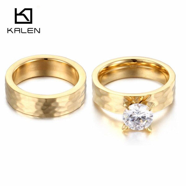 Kalen New Couple Rings Stainless Steel Gold Color Color Lover Rings Rhinestone Flower Finger Rings For Wedding Engagement Party.