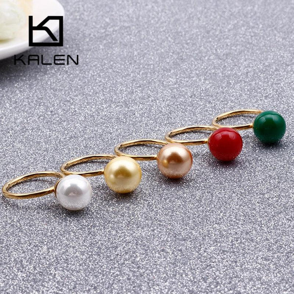 KALEN New Cute MINI Colourful Shell Pearl Rings For Women Tri-Color Stainless Steel Round Wedding Bands Rings Party Jewelry Gift.