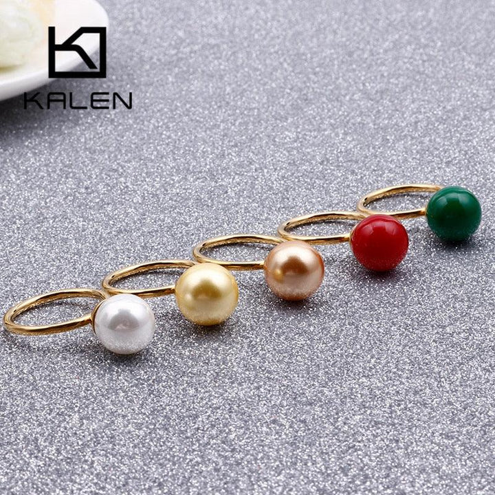 KALEN New Cute MINI Colourful Shell Pearl Rings For Women Tri-Color Stainless Steel Round Wedding Bands Rings Party Jewelry Gift.