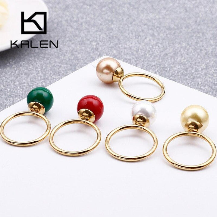 KALEN New Cute MINI Colourful Shell Pearl Rings For Women Tri-Color Stainless Steel Round Wedding Bands Rings Party Jewelry Gift.