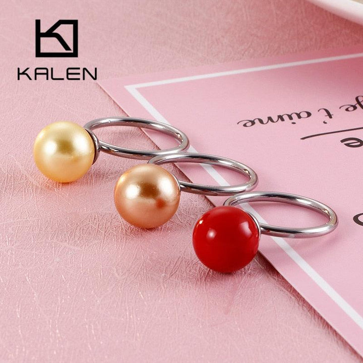 KALEN New Cute MINI Colourful Shell Pearl Rings For Women Tri-Color Stainless Steel Round Wedding Bands Rings Party Jewelry Gift.