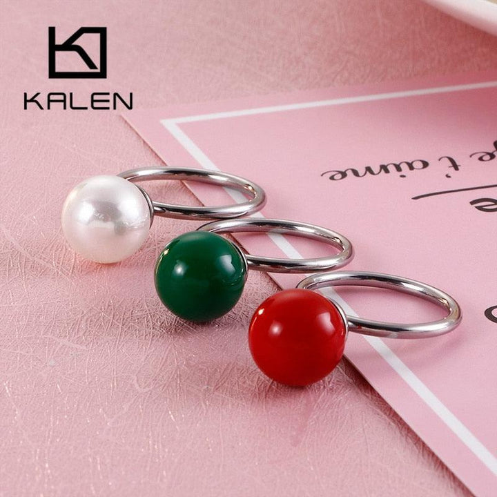 KALEN New Cute MINI Colourful Shell Pearl Rings For Women Tri-Color Stainless Steel Round Wedding Bands Rings Party Jewelry Gift.