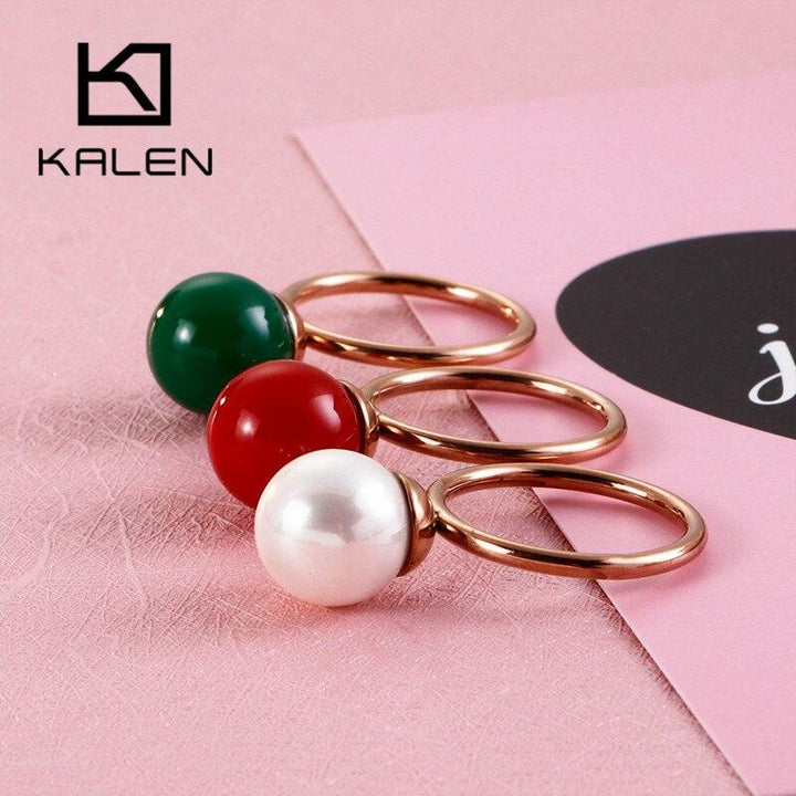 KALEN New Cute MINI Colourful Shell Pearl Rings For Women Tri-Color Stainless Steel Round Wedding Bands Rings Party Jewelry Gift.