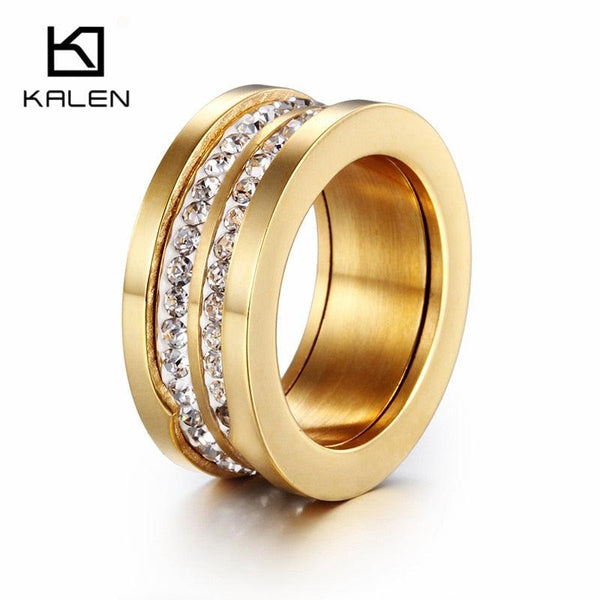 Kalen New Design Gold Color Finger Rings Two-Row Rhinestone Wedding Rings Fancy Stainless Steel Various Sizes Engagement Rings.