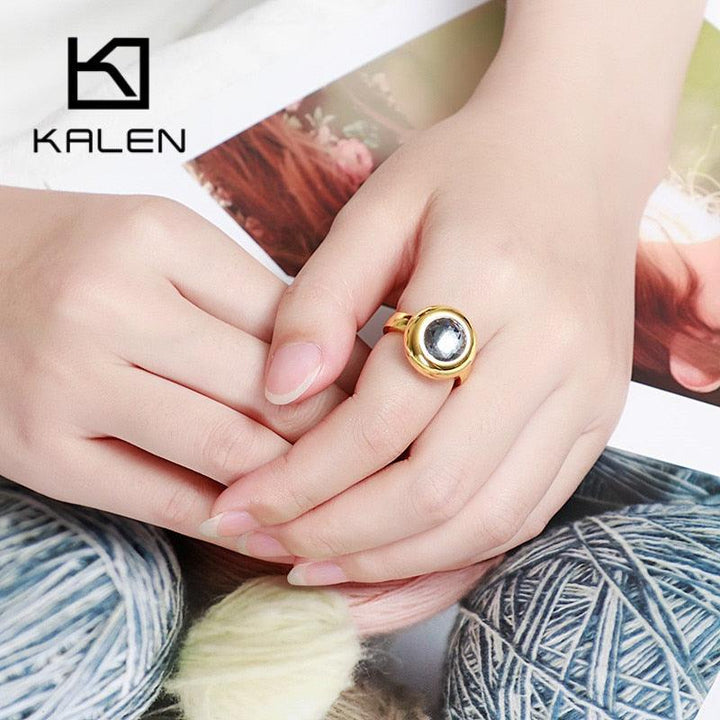 Kalen New Fashion Dubai Gold Color Rings Stainless Steel Bagues Femme White Gray Stone Cheap Party Engagement Lover Rings Gifts.