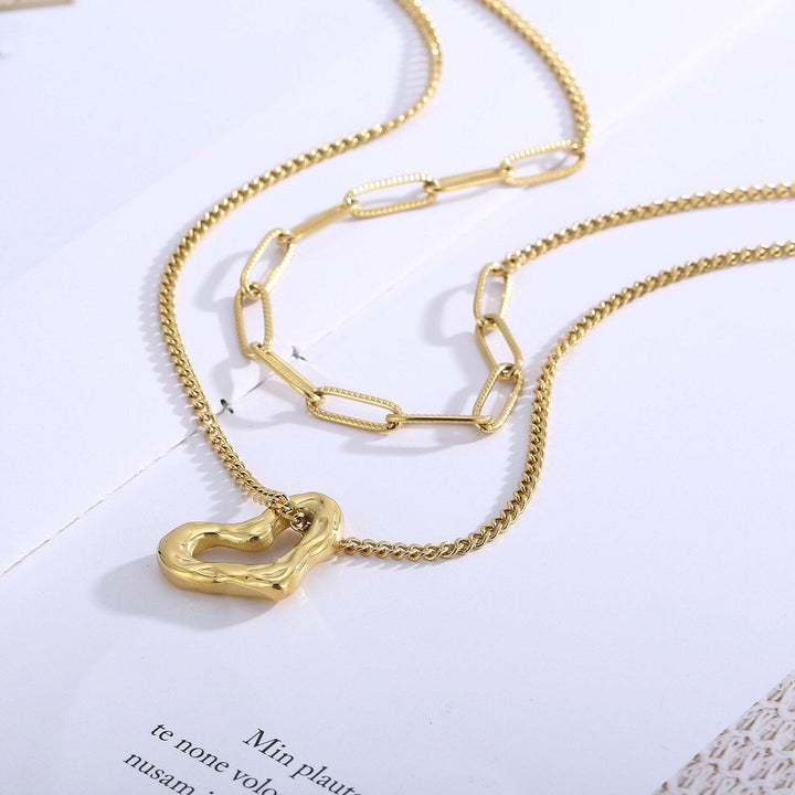 KALEN New Fashion Trendy Double layer Jewelry Necklace Stainless Steel Heart Chain Link Necklace Gift for Women Girl.