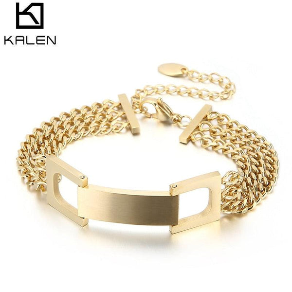 Kalen New Glossy Double Layer Geometric Irregular Cross Ripple Cuban Chain Wristband Jewelry Bangle for Women Girls Party.