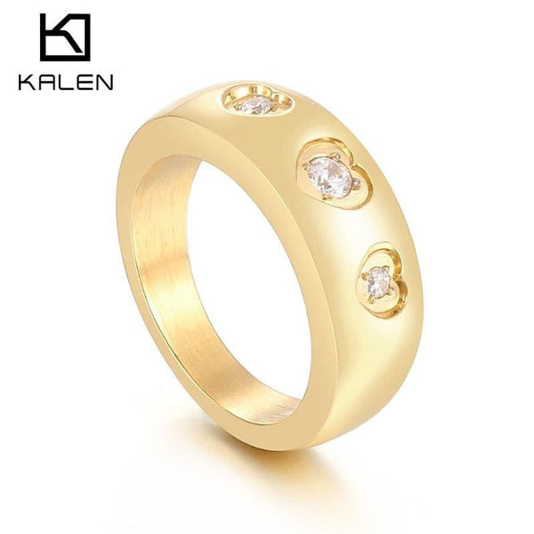 KALEN New In 18k Gold IP Plated Stainless Steel Cubic Zirconia Ring Personalized Cordate Jewelry For Men And Women Gift.