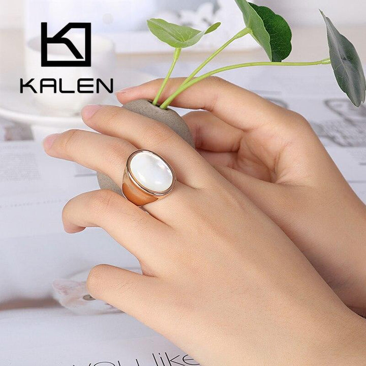 KALEN New Stainless Steel Big Chunky Rings For Women Girl Charm Oval White Shell Anillos Fashion Jewelry Wedding Bands Gifts.