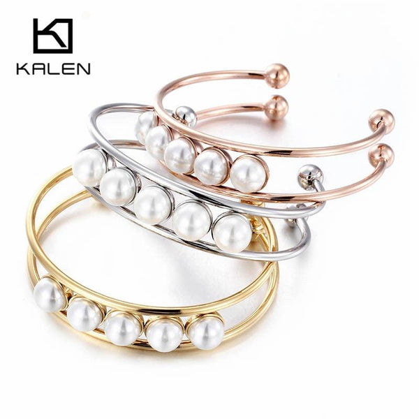 Kalen New Stainless Steel Bulgaria Three Colors Cuff Bangles Imitation Pearl Charm Rose Gold Bangle Bracelet For Women Girl Gift.