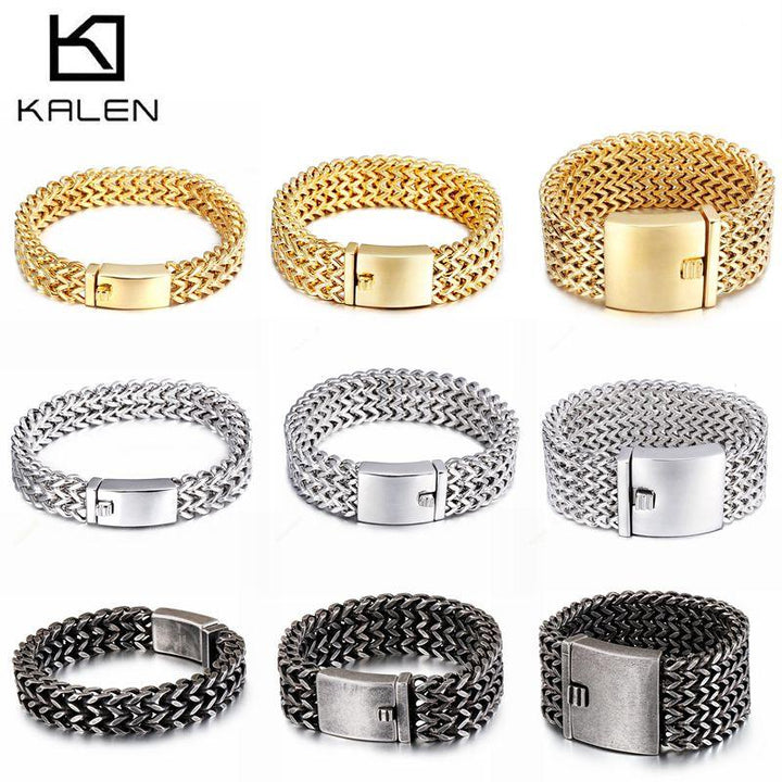 KALEN New Stainless Steel Link Chain Bracelets High Polished Dubai Gold Color Mesh Bracelets Men Cool Jewelry Accessories Gifts.