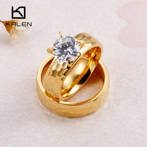 Kalen New Zircon Couple Rings Stainless Steel Gold Finger Rings for Men Women Fashion Engagement Wedding Band Rings Jewelry.