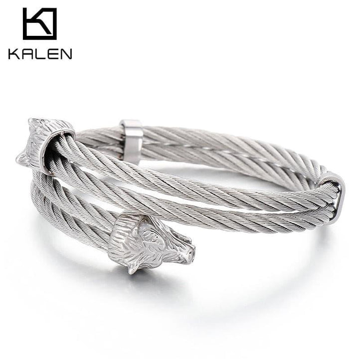 Kalen Nordic Viking Wolf Head Open Cuff Bangles Trend Punk Stainless Steel Men's Bracelet On Hand Pirate Accessories.