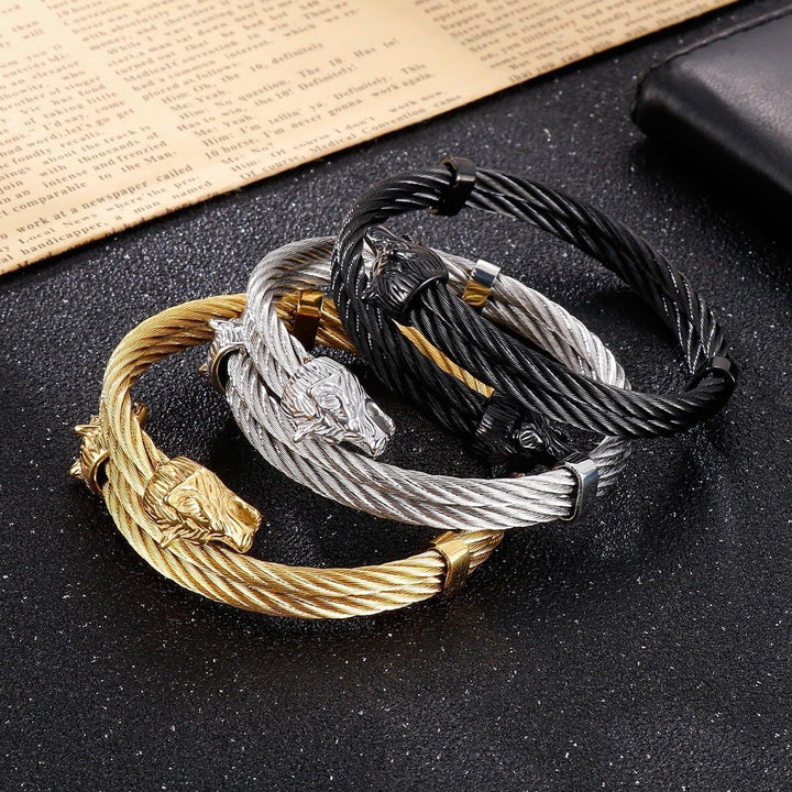 Kalen Nordic Viking Wolf Head Open Cuff Bangles Trend Punk Stainless Steel Men's Bracelet On Hand Pirate Accessories.