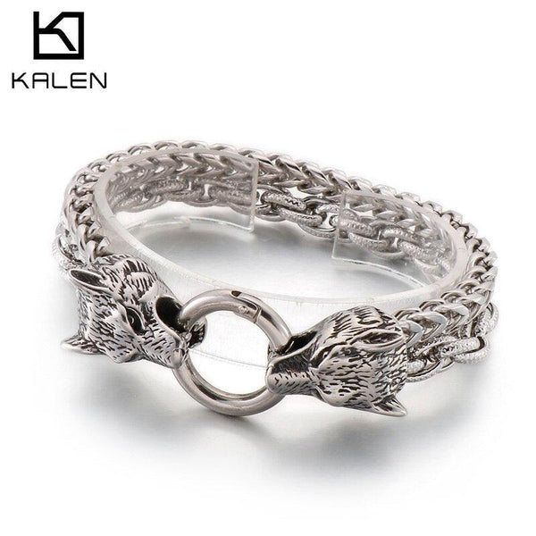 Kalen Nordic Cool Men Stainless Steel Wolf Head Punk Bracelet Double Chain Pulseira Masculina.