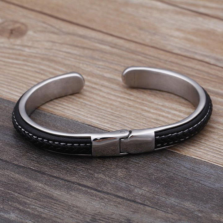 Kalen Punk 10mm Leather & Stainless Steel Cuff Bracelet Bangles for Men - kalen