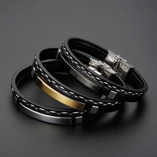 Kalen Punk Style Leather Wristband Men's Stainless Steel Three-Color Bracelet 20cm Party Accessories.