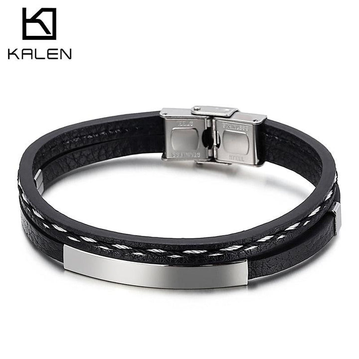 Kalen Punk Style Leather Wristband Men's Stainless Steel Three-Color Bracelet 20cm Party Accessories.