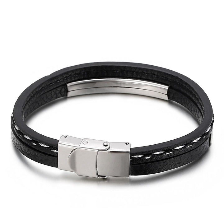 Kalen Punk Style Leather Wristband Men's Stainless Steel Three-Color Bracelet 20cm Party Accessories.