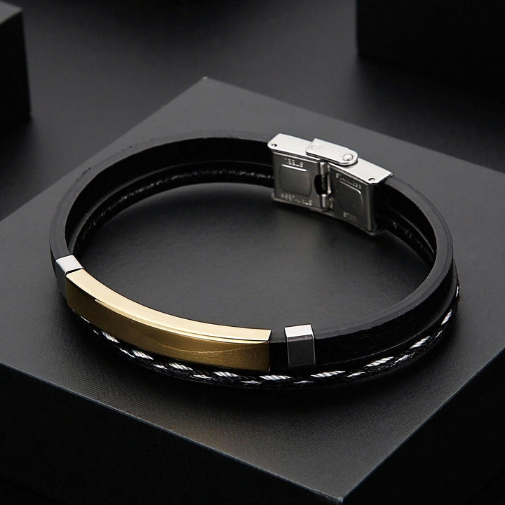 Kalen Punk Style Leather Wristband Men's Stainless Steel Three-Color Bracelet 20cm Party Accessories.