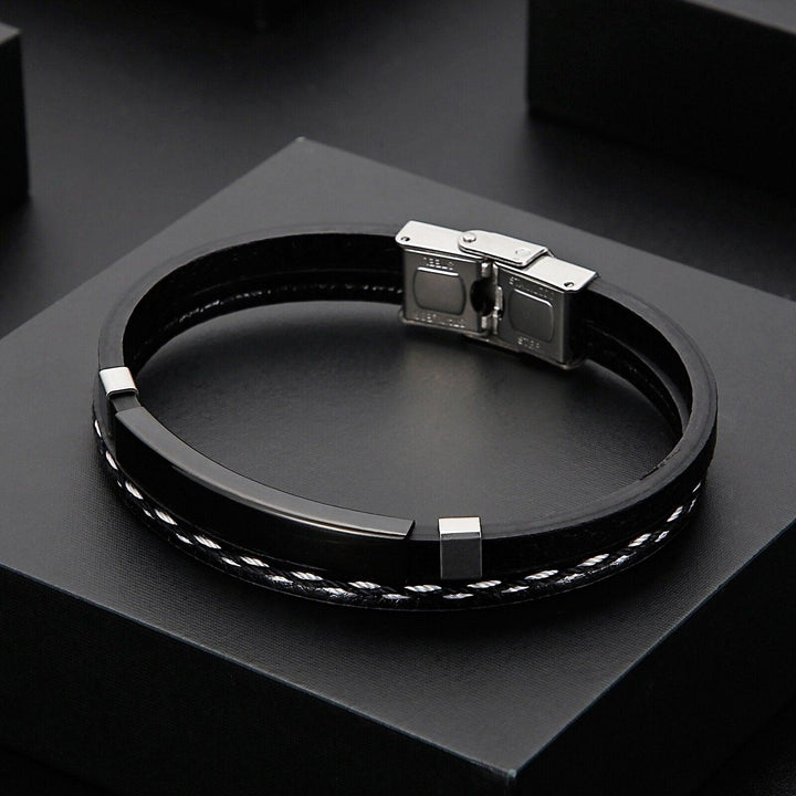 Kalen Punk Style Leather Wristband Men's Stainless Steel Three-Color Bracelet 20cm Party Accessories.