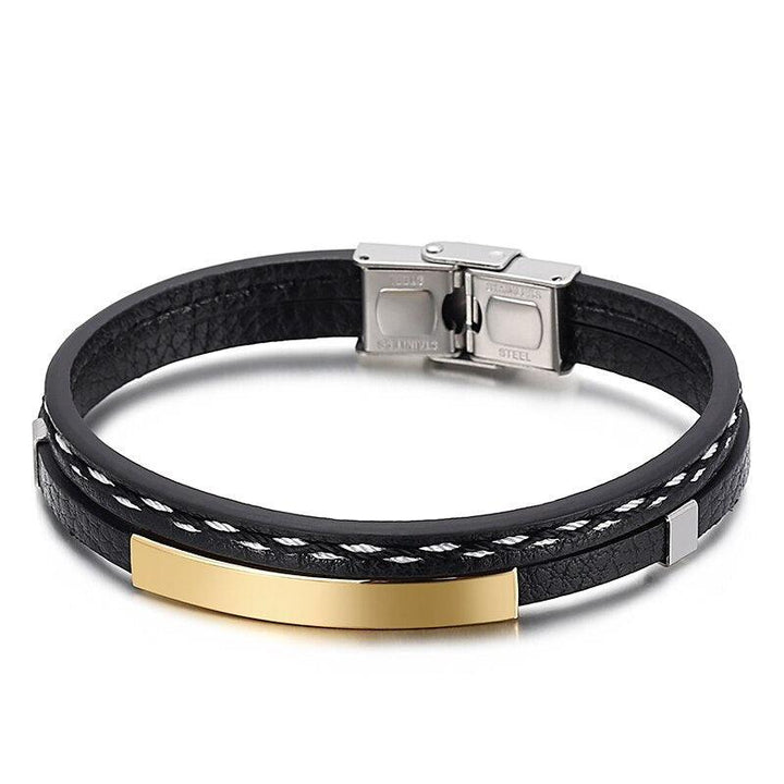 Kalen Punk Style Leather Wristband Men's Stainless Steel Three-Color Bracelet 20cm Party Accessories.