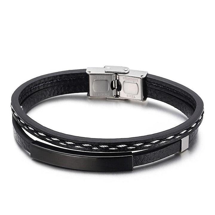 Kalen Punk Style Leather Wristband Men's Stainless Steel Three-Color Bracelet 20cm Party Accessories.