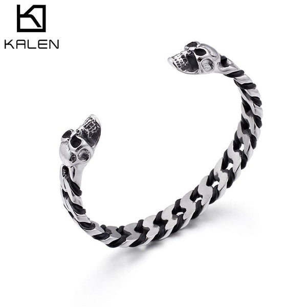 Kalen High Quality Stainless Steel Leather Staggered Men's Vintage Bracelet Punk Style Bangles.